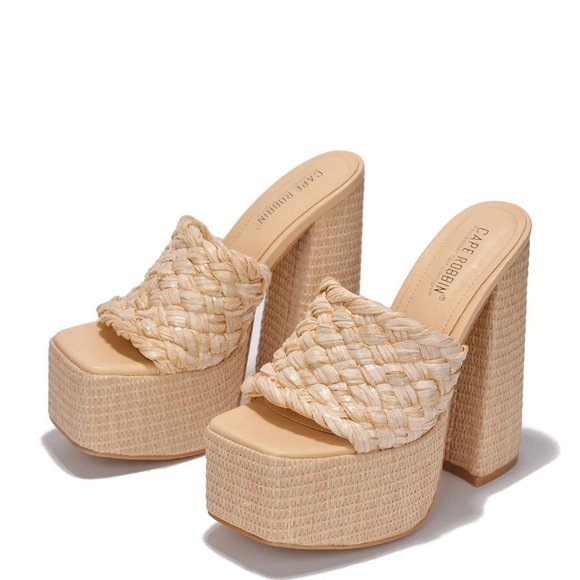 NEW🔥 Natural Raffia Open Toe Chunky Platform Sky High Heel Sandal Mules Slip-On - Picture 5 of 6